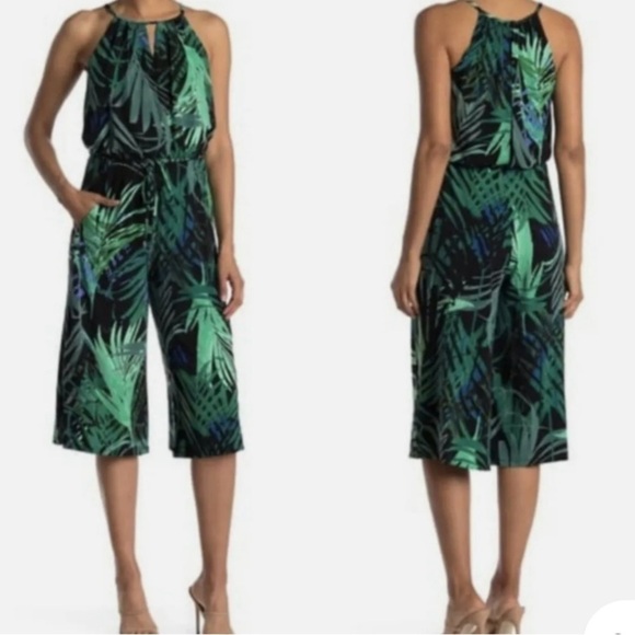 London Times Cropped Green Palm Tropical Halter Wide Leg Jumpsuit, Size 14 - Picture 1 of 9